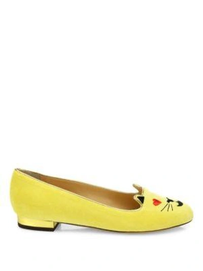 Shop Charlotte Olympia Velvet Flirty Emoticon Kitty Flats In Mellow Yellow