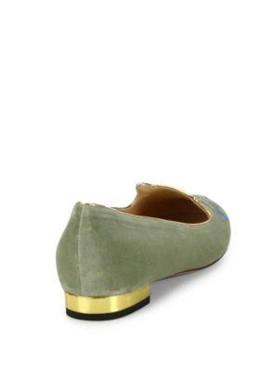 Shop Charlotte Olympia Velvet Lol Emoticon Kitty Flats In Pistachio