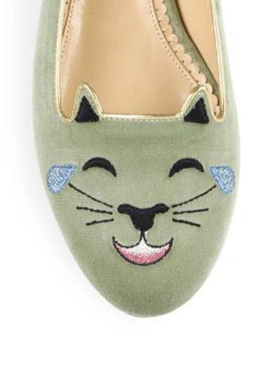 Shop Charlotte Olympia Velvet Lol Emoticon Kitty Flats In Pistachio