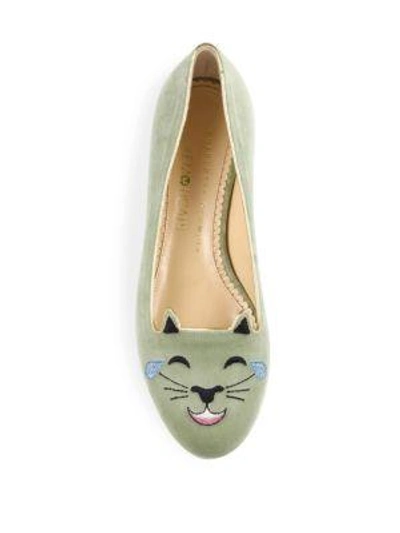 Shop Charlotte Olympia Velvet Lol Emoticon Kitty Flats In Pistachio