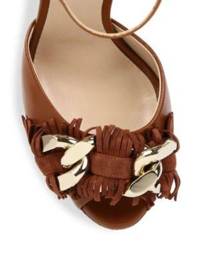 Shop Casadei Fringe Leather Ankle-strap Platform Sandals In Tan