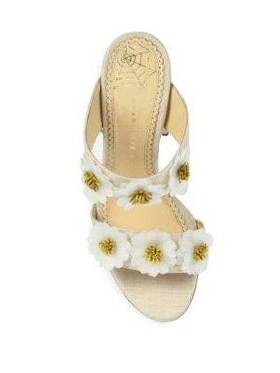 Shop Charlotte Olympia Rosette Floral-embroidered Linen Block Heel Mules In Natural
