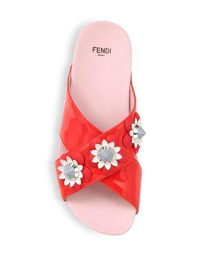 Shop Fendi Flowerland Embellished Patent Leather Crisscross Slides In Black