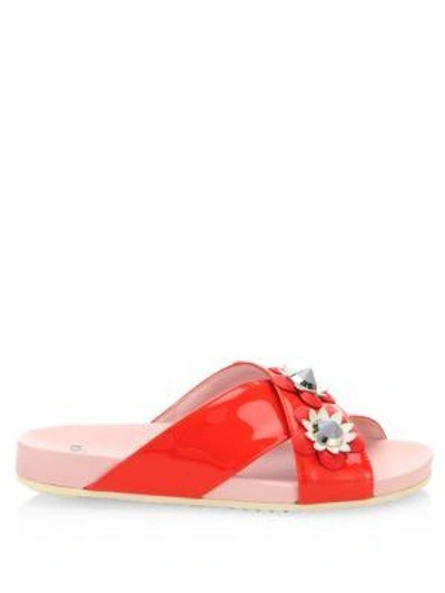 Shop Fendi Flowerland Embellished Patent Leather Crisscross Slides In Black