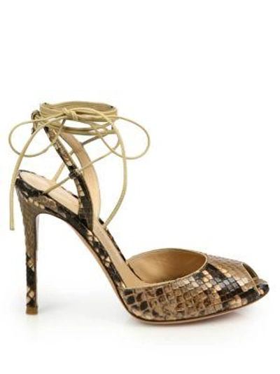 Shop Gianvito Rossi Python-embossed Leather Peep Toe Ankle-wrap Sandals In Cookie
