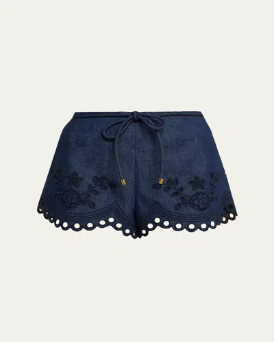 Zimmermann Mahon Broderie Anglaise Denim Shorts In Blue