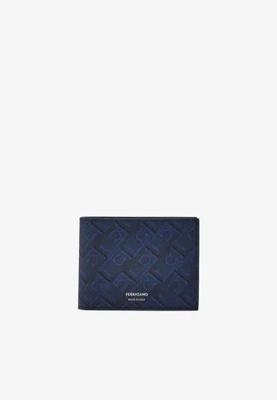 Ferragamo Monogram Hammered Leather Wallet In Blue