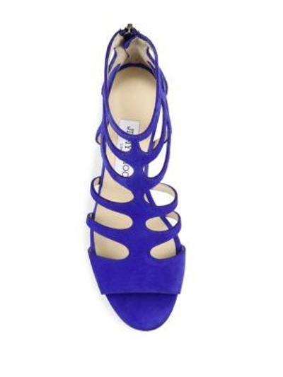 Shop Jimmy Choo Ren Caged Suede Block-heel Sandals In Cobalt