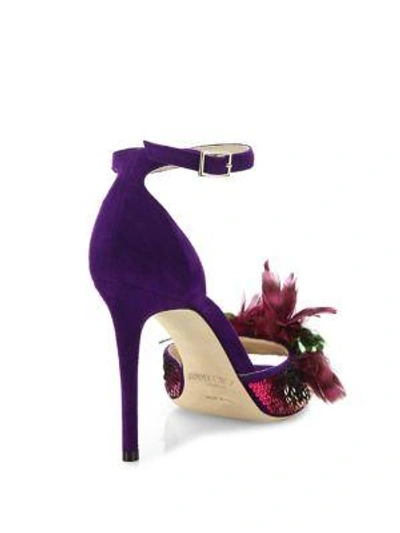 Shop Jimmy Choo Annie Sequin & Feather-embellished Suede Ankle-strap Sandals In Iris Jazz