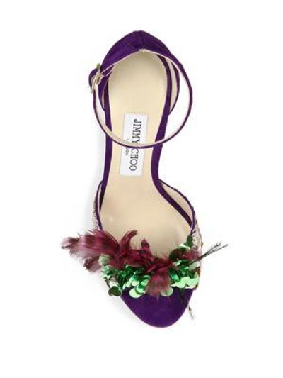 Shop Jimmy Choo Annie Sequin & Feather-embellished Suede Ankle-strap Sandals In Iris Jazz