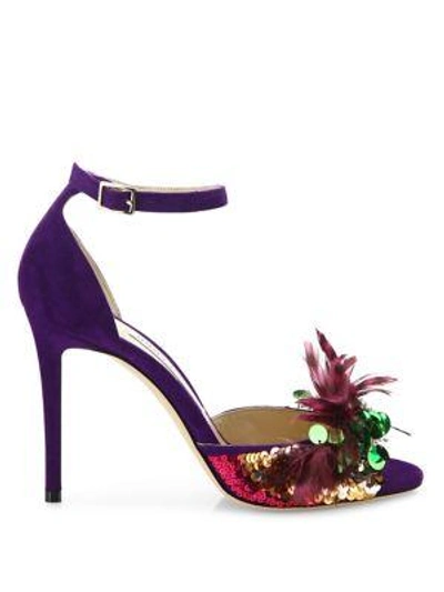 Shop Jimmy Choo Annie Sequin & Feather-embellished Suede Ankle-strap Sandals In Iris Jazz