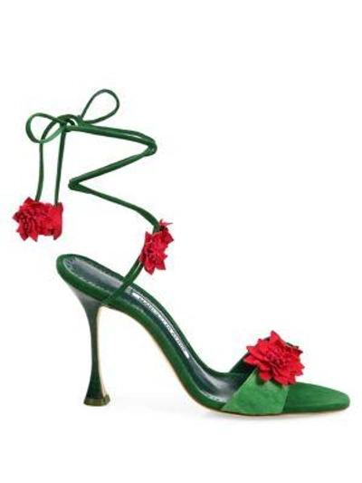 Shop Manolo Blahnik Xacactus Suede Ankle-wrap Sandals In Green