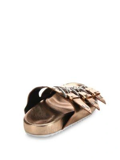 Shop Rebecca Minkoff Tania Buckle Metallic Slides In Rose Gold