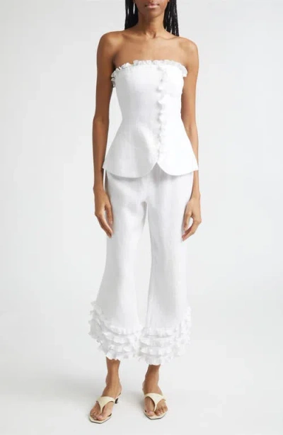 Posse Florence Ruffle Detail Crop Linen Pants In White
