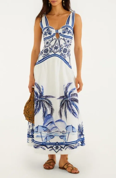 Farm Rio Fitted Linen Long Dress With Wonderful City Print And Striped Shoulder Straps In White