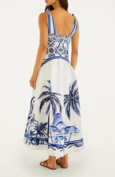 Farm Rio Fitted Linen Long Dress With Wonderful City Print And Striped Shoulder Straps In White