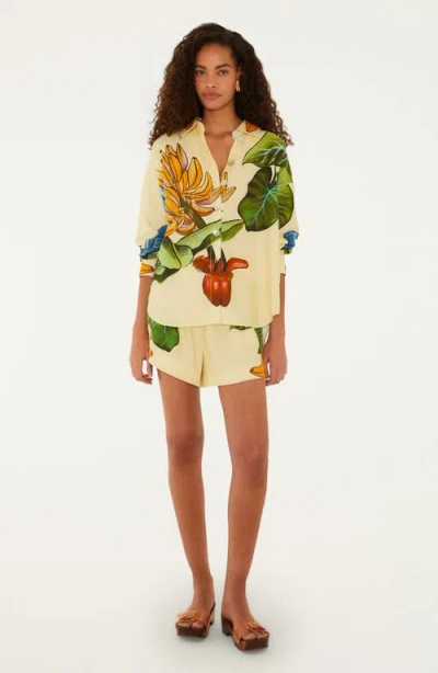 Farm Rio All-over Print Linen-blend Shorts With Elastic Drawstring Waist In Yellow