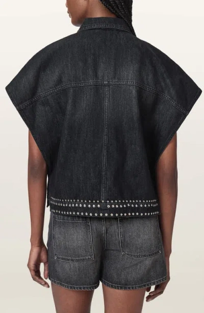 Allsaints Alba Stud Short Sleeve Denim Shirt In Shadow Black