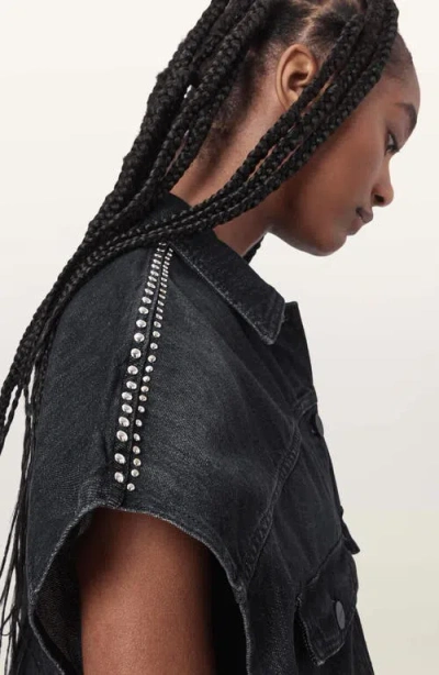 Allsaints Alba Stud Short Sleeve Denim Shirt In Shadow Black