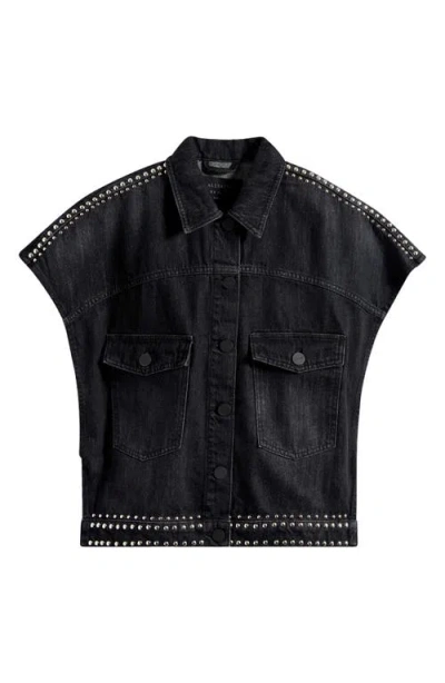 Allsaints Alba Stud Short Sleeve Denim Shirt In Shadow Black