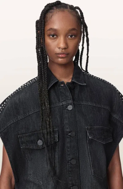 Allsaints Alba Stud Short Sleeve Denim Shirt In Shadow Black