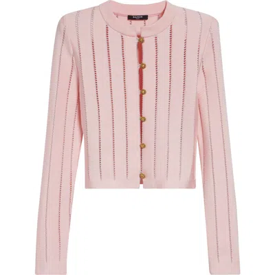 Balmain Buttoned Flechage Openwork Cardigan In Pink