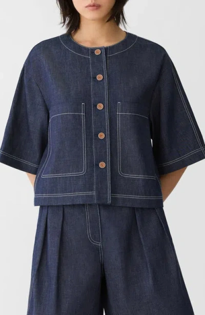 Lafayette 148 Chambray Cotton Patch Pocket Cropped Jacket In Blue