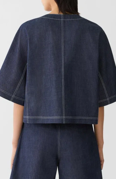 Lafayette 148 Chambray Cotton Patch Pocket Cropped Jacket In Blue