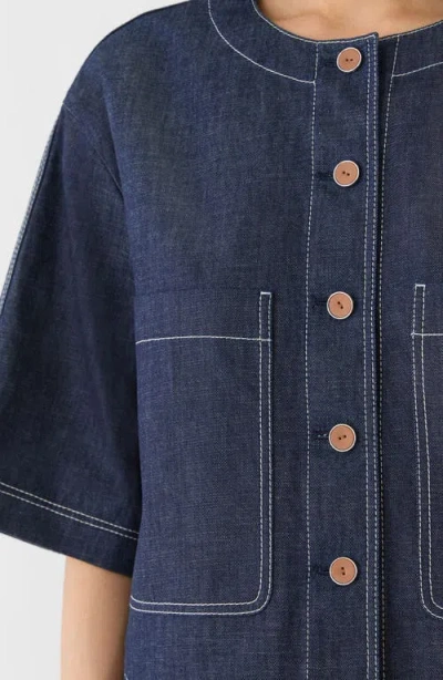 Lafayette 148 Chambray Cotton Patch Pocket Cropped Jacket In Blue
