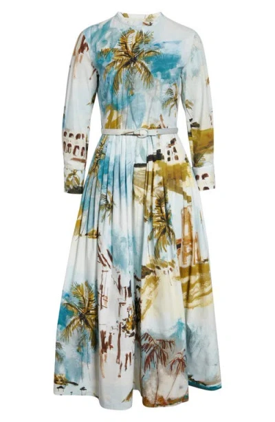 Oscar De La Renta Long-sleeve Landscape-print Cotton Poplin Midi Shirtdress With Belt In Multi