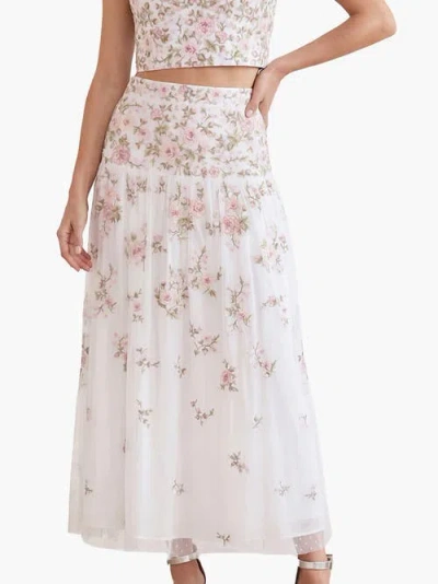 Needle & Thread Eden Rose Embroidered Midi Skirt In White