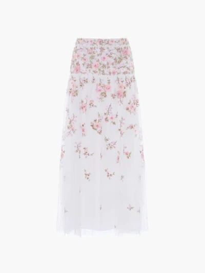 Needle & Thread Eden Rose Embroidered Midi Skirt In White