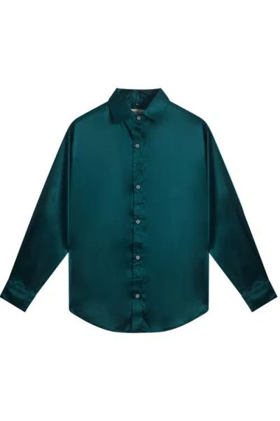 Solomon & Sage Button Down Satin Silk Shirt In Green