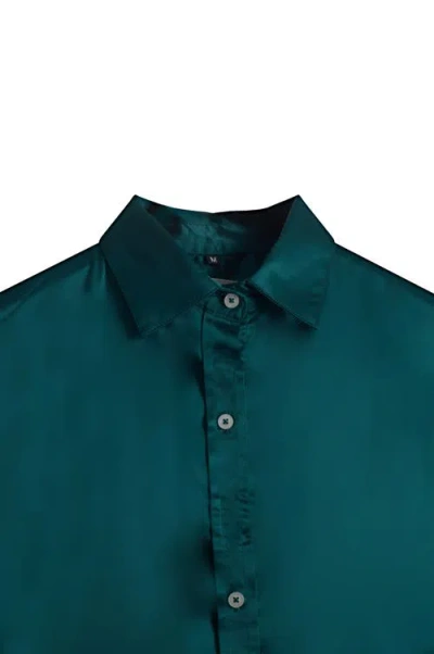 Solomon & Sage Button Down Satin Silk Shirt In Green