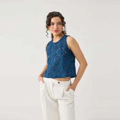 Reistor Embroidered Button-back Top In Blue