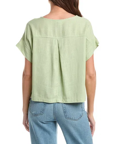 Max Studio Short Sleeve Split Neck Linen-blend Top In Green