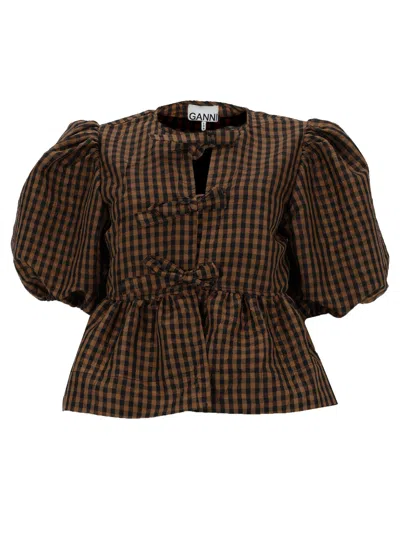 Ganni Crinkled Taffeta Check Peplum Blouse Tobacco Brown