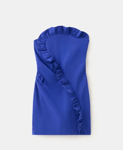 Mango Strapless Dress With Asymmetrical Ruffled Detail In Blue