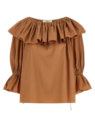 Chloé Ruffled Cotton Blouse With Drawstring Cuffs For Women In Brown