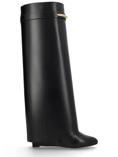 Givenchy Women Black Sandals With Logo Plaque On The Front And High Wedge Heel In Leather Woman In Multi