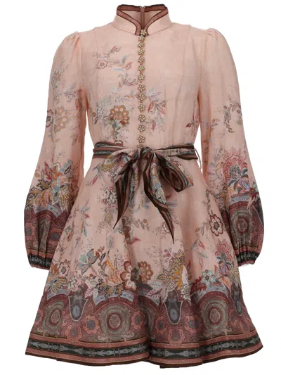 Zimmermann Womens Pink Paisley Alchemy Belted Floral-print Linen Mini Dress Xxs In Multi