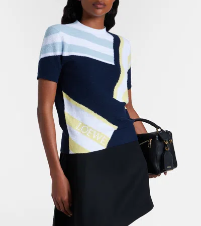 Loewe Striped Fuzzy Knit Short-sleeve Sweater In Blue