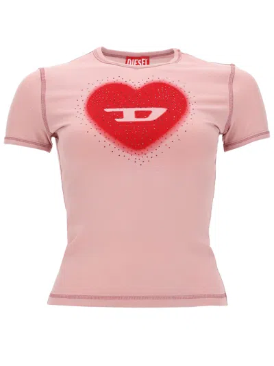 Diesel Women Pink Crew Neck T-shirt With Front Print And Beaded Details In Cotton Woman In Gold