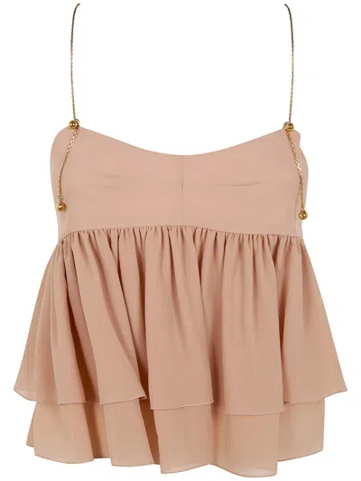 Chloé Tiered Ruffle Organic Silk Georgette Babydoll Top In Brown