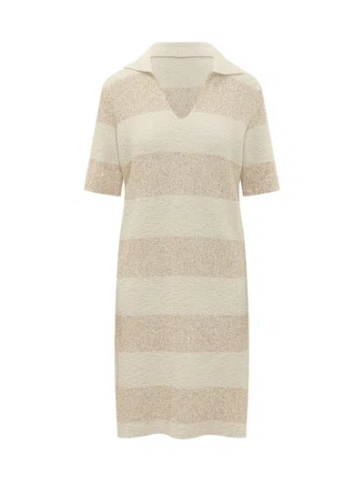 Fabiana Filippi Women Beige Stripes V Neck Midi Dress, Xl Luxury Dresses For Women Darveys In Brown