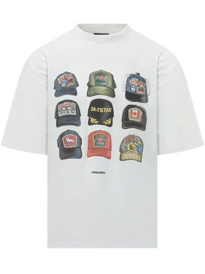 Dsquared2 Men White T-shirt With Front Print And Back Logo In Cotton Man In White