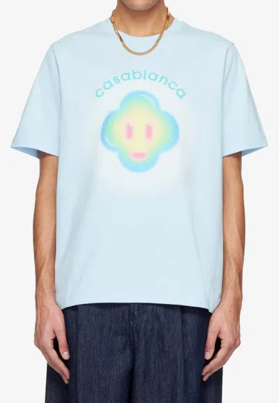 Casablanca Ribbed Crew Neck Short Sleeve T-shirt With Airbrush Artwork In Blue