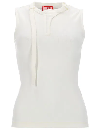 Diesel Sleeveless Ribbed Zip-front Top With Tie Strap In White