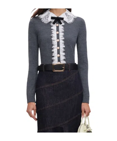Self-portrait Self Portrait Knitted Wool Cardigan With Lace Collar In Grey In Gray