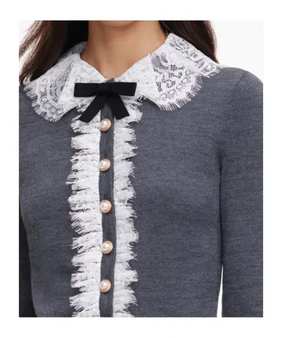 Self-portrait Self Portrait Knitted Wool Cardigan With Lace Collar In Grey In Gray
